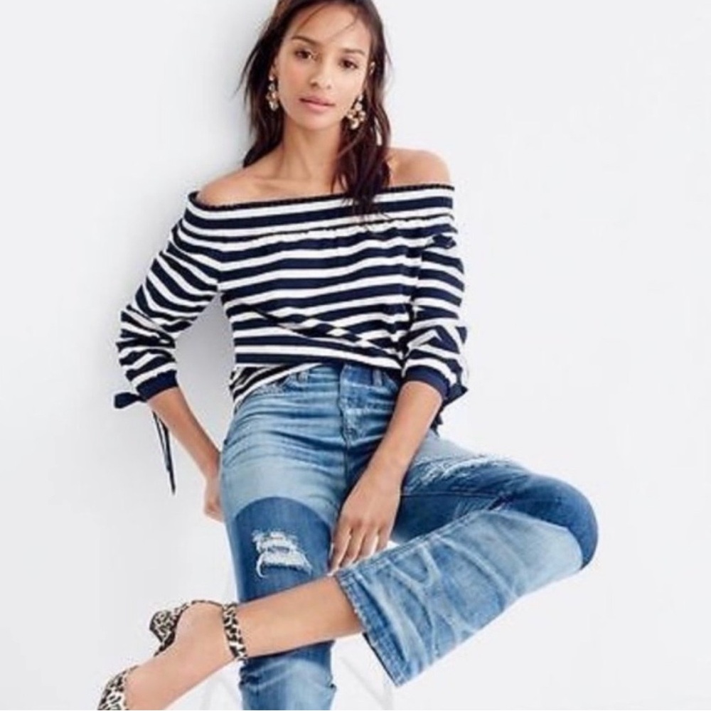 J. Crew Women’s Off Shoulder Bow Sleeve Navy/White Striped Cotton Top Large